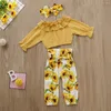 Set di abbigliamento 1-4Y Toddler Baby Girl Abbigliamento manica lunga Ruffle Top Girasole Pantaloni Fascia Abiti Autunno