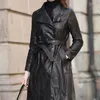 女性革の革2023レザージャケットシープスキン本物の春のベルト付きコート女性服シルムロングジャケットブラックトレンチコートカサコ