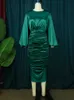 Plus size Dresses Pleated Green Satin Long Lantern Sleeve High Waist Soft Midi Evening Birthday Club Party Size Outfits for Women 4XL 230803