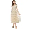 Casual Jurken Zomer Mode Designer Vrouwen Vestidos Longos Vintage Gele Kleur O-hals Lange Mouwen Cascading Hollow Out Mesh A-LINE Jurk