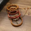 Charmarmband Retro Multi-Layer Leather Armband Hand Woven Diy Leaf Alloy Brown Plant for Men smycken Set Hombre Rave 2023