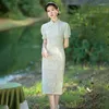 Ethnic Clothing Chinese Sexy Mandarin Collar Short Sleeve Chiffon Cheongsam Women Dress Handmade Buttons Lace Qipao