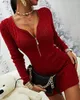 Kjolar 2023 Fall Winter Fashion Women Daily Work Mini Dress V-Neck Elegant Skinny Long Sleeve Zipper Front Cable Knit tröja