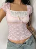 女性のTシャツHeyoungirl Pink Lacework Square Collar Tシャツ甘いかわいい美学パッチワーク弓トップ半袖Tシャツ2000Sエレガント230802