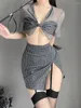 작업 드레스 여름 여자의 섹시한 활 접합 스트라이프 꽉 꽉 묶음 랩 랩 스커트 유니폼 세트 8533