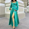 Casual Dresses Sexy Slash Neck Lace Up High Waist Party Dress Women Fashion Street Long Sleeve 2023 Autumn Elegant Satin Split Maxi