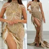 2023 april Aso Ebi Gold Mermaid Prom Dress Pärled Crystals Feather Formal Party Second Reception födelsedagsengagemang klänningar klädrock de soiree zj657