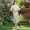 Etnisk kläder sommar sexig broderi blomma chiffong kinesiska kvinnor cheongsam elegant pärlstav mandarin krage kort ärm spets qipao klänningar