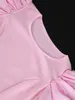 女性用Tシャツピンクトップスランタン長袖Oネック白い不規則なボディーコンシャイニーパッチワーク女性イブニングカクテルパーティーシャツブラウス230802