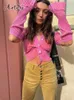 Women's T-Shirt Artsu Cute Pink Kinited Cropped Top Women Y2k Ruched Crop Top Long Sleeve Camisole Top Winter Party Club Vintage 230802