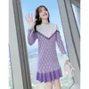 Vestidos casuais 2023 primavera outono edição coreana elegante emendado plissado borda mangas fio camisa de malha fina vestido de comprimento médio para mulheres