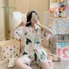 Women's Sleepwear Summer Milk Silk Lace-up Kimono Short Sleeve Shorts Pajamas Casual Printing Sweet Simple V-neck Girls' Home Clothes