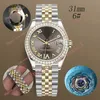 Reloj de lujo plano romano de seis puntas con esfera de diamante y bisel de diamante pequeño con cadena pequeña de 31 mm 2813 de oro automático de acero resistente al agua para nadar