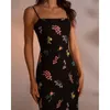 Vestidos Casuais Verão Sexy Flor Bordado Fino Cintura Alta Vestido Sem Costas Feminino Sem Mangas Alça Espaguete Decote Barra