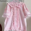 Camisas Casuais Masculinas Estilo Lolita Japonês Feminino Blusa Bonita Gola Peter Pan Branco Rosa Azul JSK Blusas Candy Blusas Rendas Babados Camisa Princesa Kawaii 230802