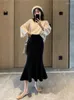 Skirts Korobov Knitted High Waist Ruffled For Woman Faldas Slim Wrap Buttock Fishtail Skirt Solid Pit Strip Sweet Women Clothing