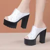 Slippers 15cm Small Size 32-43 Block High Heels Genuine Leather Sandals Summer Slides 2023 Thick Bottom Platform For Model Party