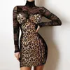 Robes décontractées 2023 Mesh Transparent Sexy Black Femmes Hobe Hiny Print Coltloweneck Long Manneve BodyCon Evening Party Vest