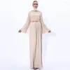 Vestuário étnico Muçulmano Vestido Moda Ramadã Plissado Islâmico Trompete Manga Longa Abaya Dubai Turquia Presente Cinto Donsignet