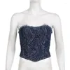 Damen Tanks Sommer Ankunft Denim Jacquard Stoff Unregelmäßiger Saum Eng Anliegendes Mädchen Bustier Crop Top Trägerloses Tank