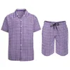 Herrespår Houndstooth Vacation Men Set Blue Purple White Casual Shirt Set Summer Printed Shorts 2 Piece Cool Suit Big Size