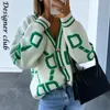 Kvinnors tröjor Kvinnor Cardigan Green Striped Pink Knit Button Lady Cardigans Sweaters V-Neck Loose Winter Fashion Sticked Coat 230803