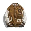 Mensjackor Par Brown American Retro Pu Leather Sleeve Letter S Baseball Uniform Jacket Män och kvinnor stor storlek Löst ull Y2K 230803