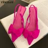 Sandals Women's Shoes Pointed Toe Shallow Nude Pink Diamond Low Heel Back Strappy Shoes Women Green Heels Sandals Butterflyknot 230802