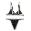 Traje de baño para mujer Mujeres Conjunto de bikini de terciopelo negro Ganchillo hecho a mano Tela de alta calidad Traje de baño triangular 230802