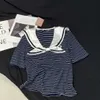 Summer New Navy Style Simple Fashion Sweet Temperament Striped Polo Tie Sequin Contrast Short Sleeve T-shirt