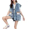 Coletes femininos Moda Patch Denim Colete Feminino 2023 Primavera Outono Fino Cowboy Colete Coreano Solto Sem Mangas Jaqueta Feminina Tops