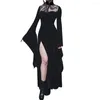 Casual Dresses Gothic Punk Velvet Dress Long Black High Slits Flare Sleeve Victorian Goth Clothes Women Vintage Witch Dark