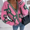 Kvinnors tröjor Kvinnor Cardigan Green Striped Pink Knit Button Lady Cardigans Sweaters V-Neck Loose Winter Fashion Sticked Coat 230803