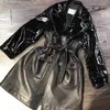 Women's Leather Fashion Autumn Winter Sheepskin Jacket Stitching Patent Long Trench Coat Black Genuine Belt Windbreaker