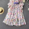 Casual Dresses Runway Lads Long Dress Clothes Women Chic Lantern Sleeve Flower Printed Fashion Designer Chiffon Holidays Maxi Vestido