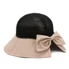 Wide Brim Hats Female Summer Beach Hat Knitted Sun Caps Patchwork Bow Tie 58cm Breathable Grid Outing Travel Sunshade Foldable TY0161