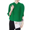 Blusas de mujer Miyake plisado Chic y elegante Color sólido blusa mujer 2023 estilo chino Retro hebilla media manga mujer Casual Top corto