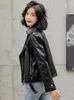 Women's Leather Korean Autumn 2023 Short Faux PU Jacket With Belt Lapel Motorcycle Black Zip Biker Coat Streetwear