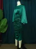 Plus size Dresses Pleated Green Satin Long Lantern Sleeve High Waist Soft Midi Evening Birthday Club Party Size Outfits for Women 4XL 230803