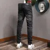 Hommes Jeans Street Fashion Hommes Rétro Noir Gris Élastique Slim Fit Détruit Déchiré Patché Designer Marque Hip Hop Denim Pantalon