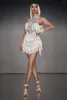 Desgaste de Palco Festival Aniversário Baile Show Vestido de uma peça Feminino Sexy Franjas Brancas Esticadas Sem Mangas Traje Skinny