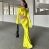 Casual Dresses Fashion Satin Skirt Two Piece Set Off Shoulder Long Sleeve Crop Top And Maxi Bodycon Suit Women Sexy Party Club 2023