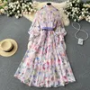 Abiti casual Runway Ladies Long Dress Abbigliamento Donna Chic Lantern Sleeve Flower Stampato Fashion Designer Chiffon Vacanze Maxi Vestido