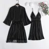 Vêtements de nuit pour femmes été 2 pièces Robe chemise de nuit ensemble dentelle noire femmes Kimono peignoir Robe Sexy Satin maison Robe costume vêtements de détente