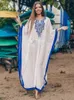 Основные повседневные платья Богемные вышивки летние пляжные платье шифоновые тунику женщины плюс размер пляжного кафтана Сексуальное половину рукава Макси платье Rope N746 230803