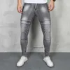 Mäns jeans män stretch grå smala fit byxor mode mitt midja veckad mager man casual sport denim blyerts byxor streetwear