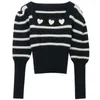 Women's Sweaters Black And White Spell Color Stripe Love Three-dimensional Splicing Slim Square Collar Jumper Women Autumn Winter Sweater