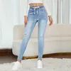 marchio viola Elastico a vita alta da donna con coulisse Pantaloni slim fit lavati Baby blue Jeans da donna in denim strappato alla moda da strada da donna