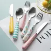 Dinnerware Sets Eco Friendly Cartoon Printing 304 Stainless Steel Ceramic Handle Butter Knife Fruit Fork Dessert Spoon Tableware Set