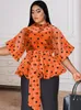 Women s T Shirt Sexy See Through Tops 3 4 Sleeve Black Polka Dot Organze White Orange Women Blouse Evening Party Plus Size Shirt with Belt 230803